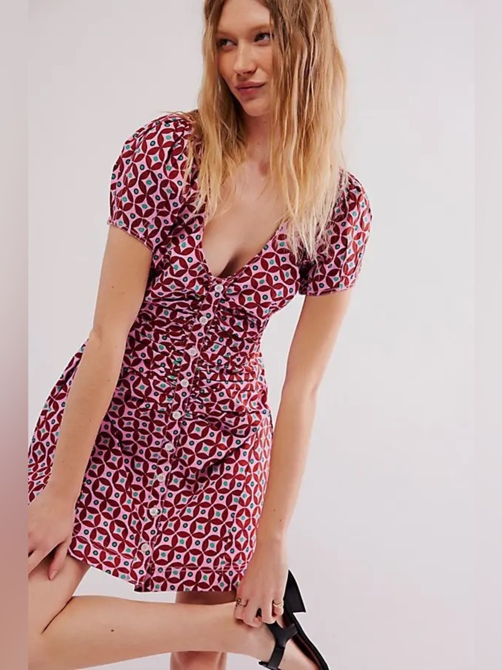 Free People Geometric Pink Oakley Ruched Bodice Button Front Mini Dress S